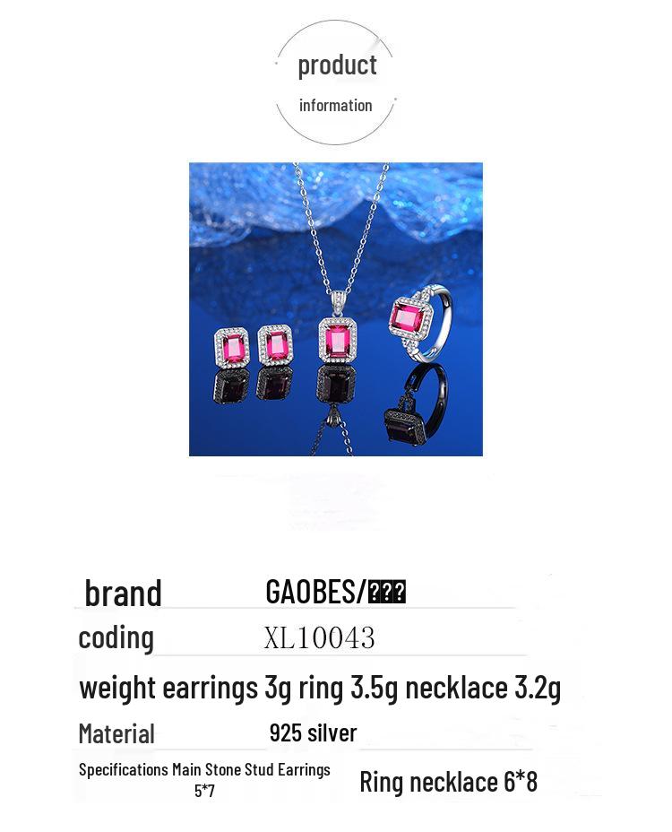 S925 Sterling Silver Ruby Pendant Necklace, Ring, and Stud Earrings Set - Simulated Pigeon Blood Red