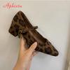 Aphixta Warm Flannel Mary Jane Shoes Leopard Sexy Party Dance Pumps Women Med Heels Buckle Pointed Toe Pumps