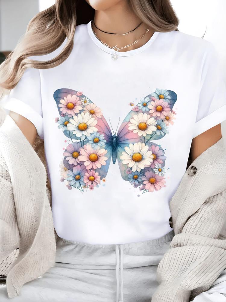 (Asian Size) Watercolor Flower Trend 90s Print Short Sleeve T-shirts Fashion O-neck Female Casual Women's Top T Clothing  Graphic Tee
