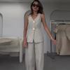 Casual V-Neck Vest Two-piece Suit Women Solid Button Sleeveless Tank Top High Waist Wide Leg Pants Slim Fit Office Lady Outfits
