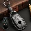 Leather Car Key Fob Zinc Alloy Ring Cover Case Shell Holder With Keychain 4 Button For Mercedes Benz A C G Class 2019 2020 2021