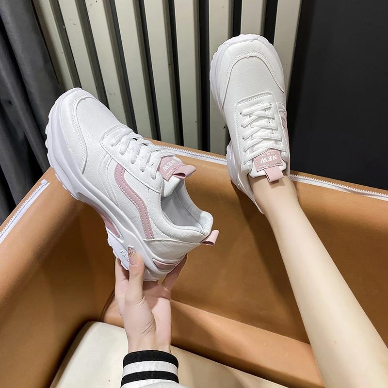 Casual Women Thick-soled Sneakers Fashion Spring Autumn Summer White Black PU Lace-up Vulcanized Shoes Mesh Rubber Non-slip New