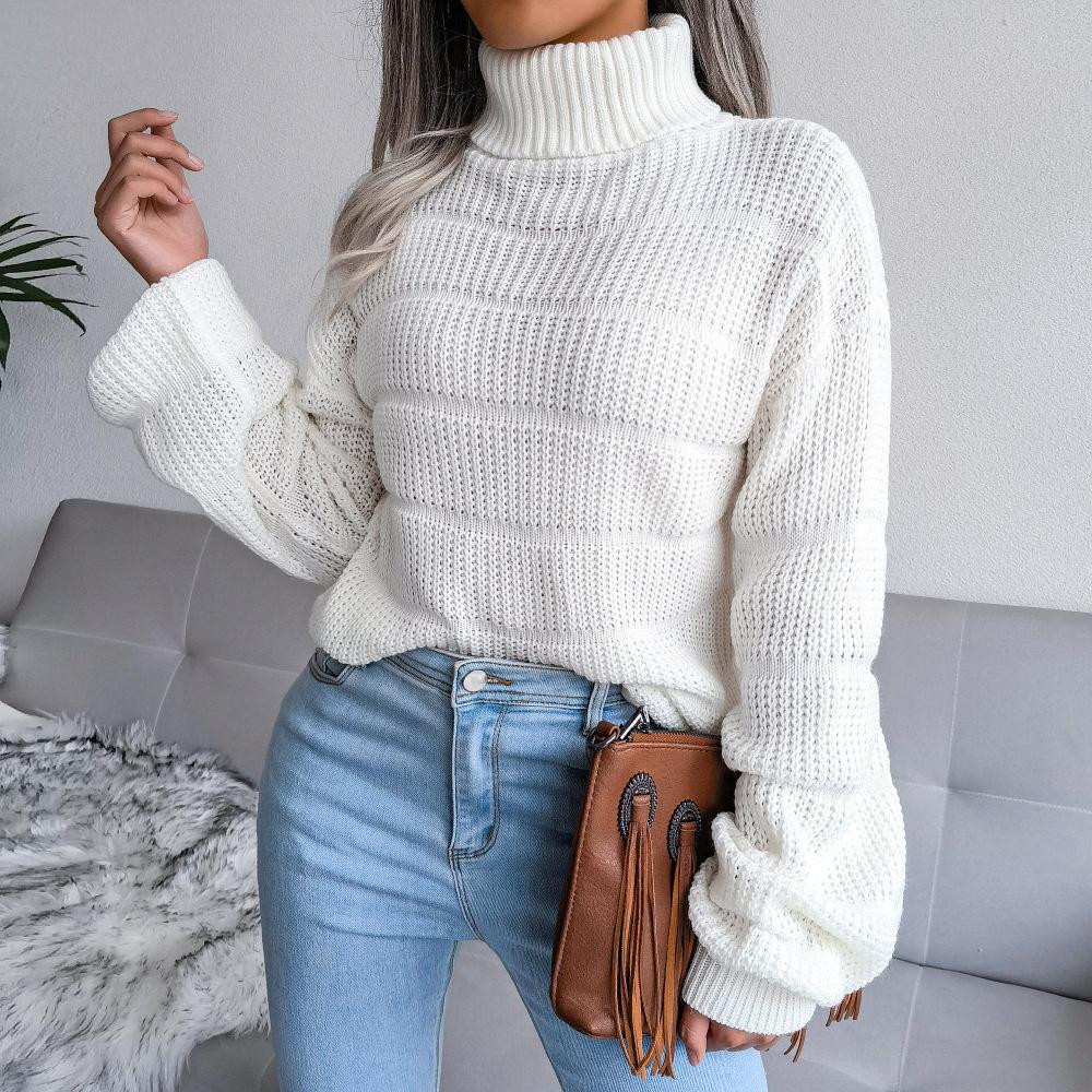 GMXIA Women's Fashion Casual Solid Color Autumn Winter Long Sleeve High Neck Loose Cut-out Bottom Knit Sweater