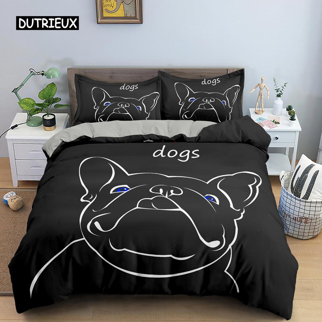 Cute Cartoon Bulldog Pattern Duvet Cover Set King Full Size Bedding Set Room Decor Soft Microfiber Quilt/Comforter Cover 2/3PCS