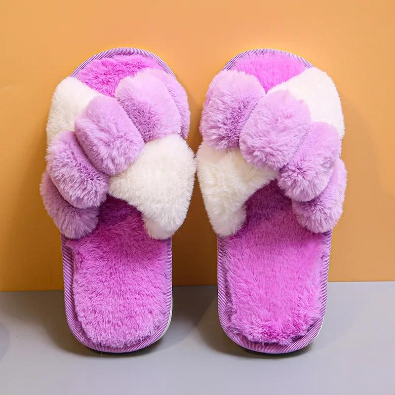 2024 Women Winter House Furry Slippers Fluffy Faux Fur Cross Design Home Slides Ladies Soft Warm Plush Slipper Female Flip Flops