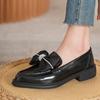Pointed Toe Bowknot Slip On Loafers Women High Quality Leather Oxford Shoes Thick Heel Flats Women Crystal Bow Work Shoes Size42