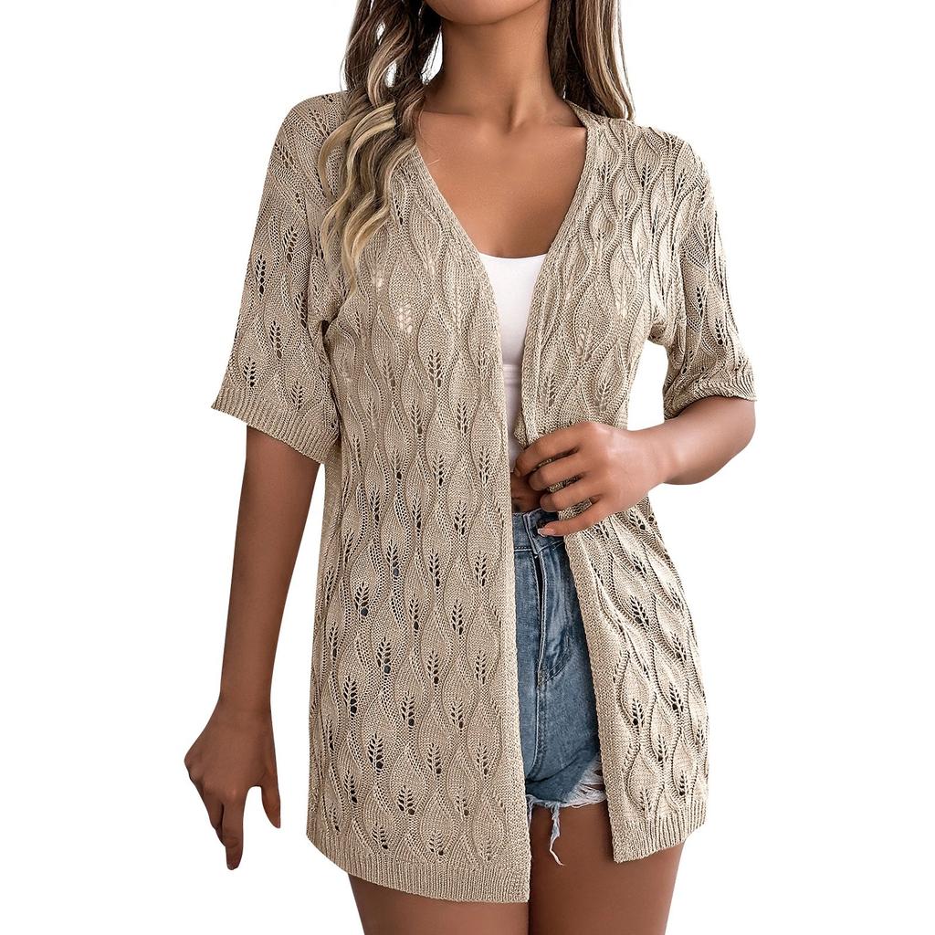Women's Fashion Casual Hollow Short Sleeve Knitted Vacation Sunscreen Shirt Solid Color Cardigan Jacket