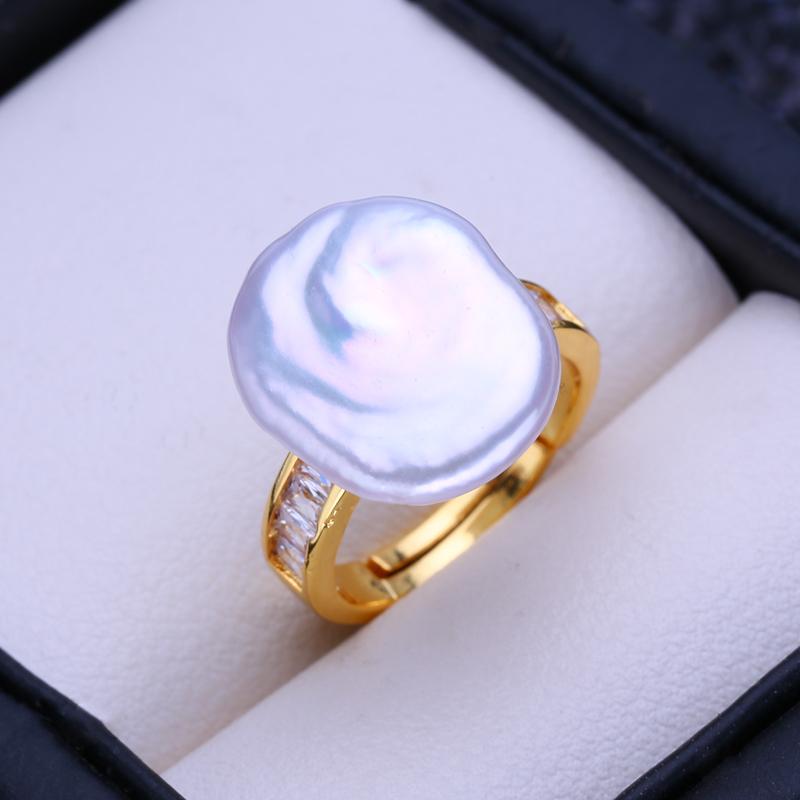 LSOOYH Natural Freshwater Big Button Baroque Pearl Rings For Women Classic Gold Color Party Ring Birthday Gifts