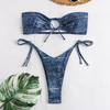 European & American Fishbone Cup Sexy Denim Bikini Swimsuit with Backless Cut and Bandage Detail for Women