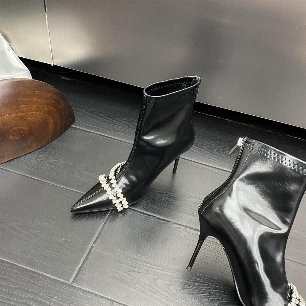 Spice Girls Pointed Rhinestone Sexy Boots Temperament and Ankle Boots 2024 Autumn French Rear Zipper Fashion Boots Stiletto