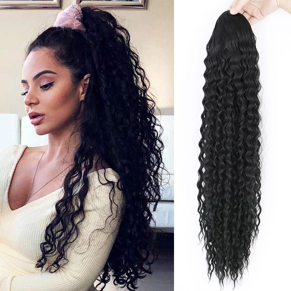 MERISIHAIR Synthetic Drawstring Ponytail Long Curly Ponytail Clip In Hair Extension Women Natural Black Hairpiece