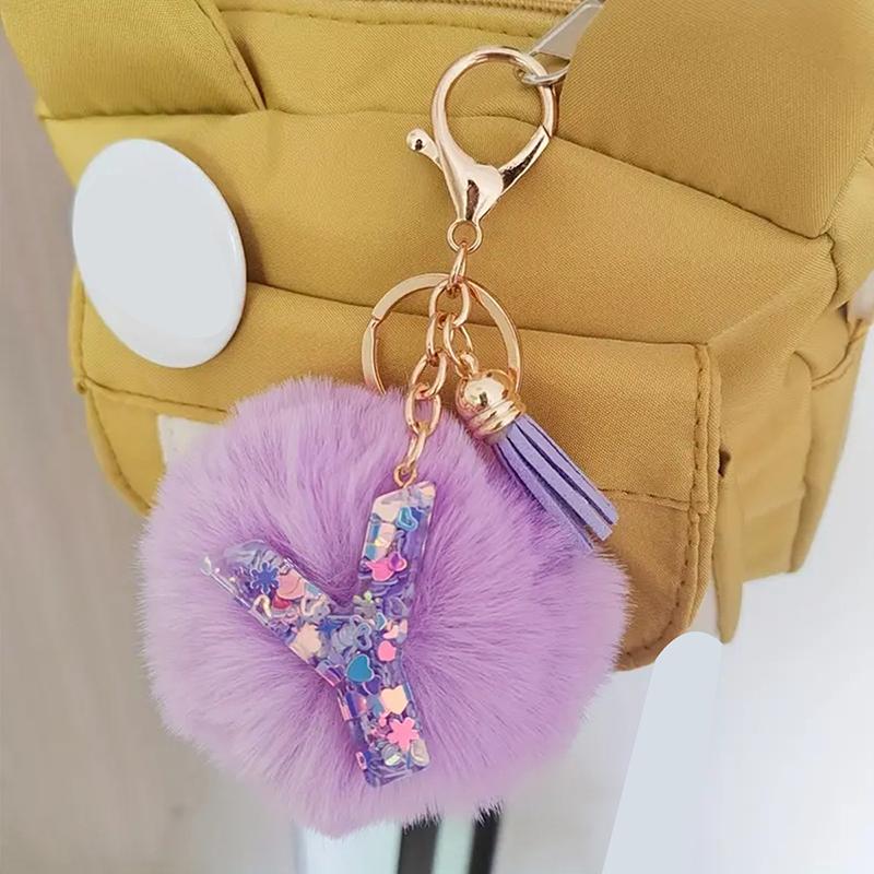 Adorable A-Z Letters Initial Keychain Sparkling Resin Alphabet Fluffy Hairball Pendant Backpack Decoration Accessories Gifts