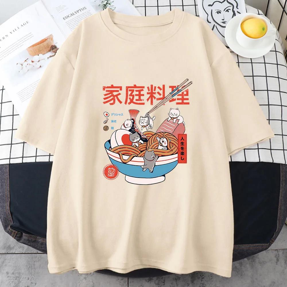Ramen Cats Women Japanese Anime Characters T-shirts Casual T Shirts Summer Harajuku Kawaii Clothing Slight Strech