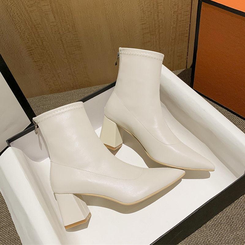 High-heeled Short Boots Women's Autumn and Winter New Zipper Pointed Women's Boots Bare Boots Versatile Martin Boots Women's Shoes