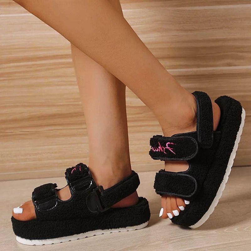 Summer Thick Flat Slides Sandals Girl Fashion Casual Beach Shoes Ladies Open-Toe Plus Size Shoes Fur Platform Sandals Women