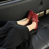 Sheepskin Version~ Leather Retro Rivet Red Shallow Mouth Ballet Shoes Women's Bow Mary Jane Shoes Single Shoes
