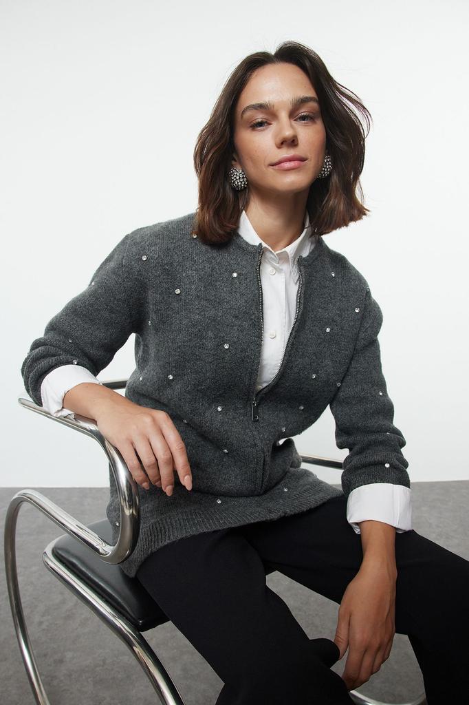 Women's Fashionable Stylish Hijab Cardigan Gray Stone Detailed Zippered Knitwear Cardigan