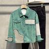 Модная зеленая джинсовая куртка с эффектом потертости: Американский ретро, пэчворк, свободный, стройнящий, осенне-зимний стиль