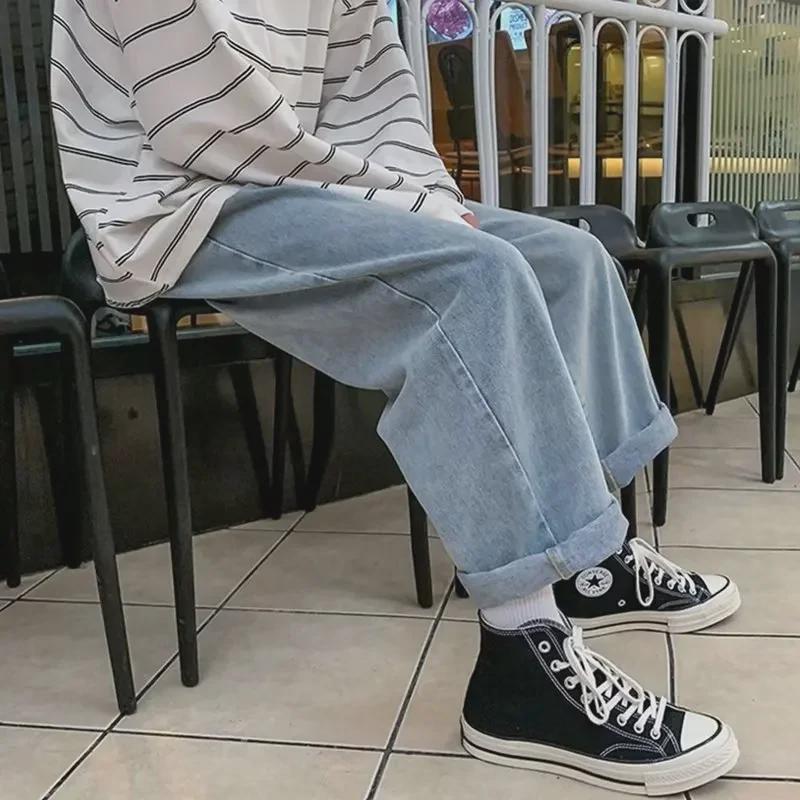 Men's Black Wide-Leg Retro Straight Jeans - New Autumn Trend, Loose-Fit, Large Sizes Available.