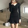 High Waist Long Sleeve Dress Pleated Y2k Slim Fit Dress Elegant Women's Hip Hugging Skirt Party