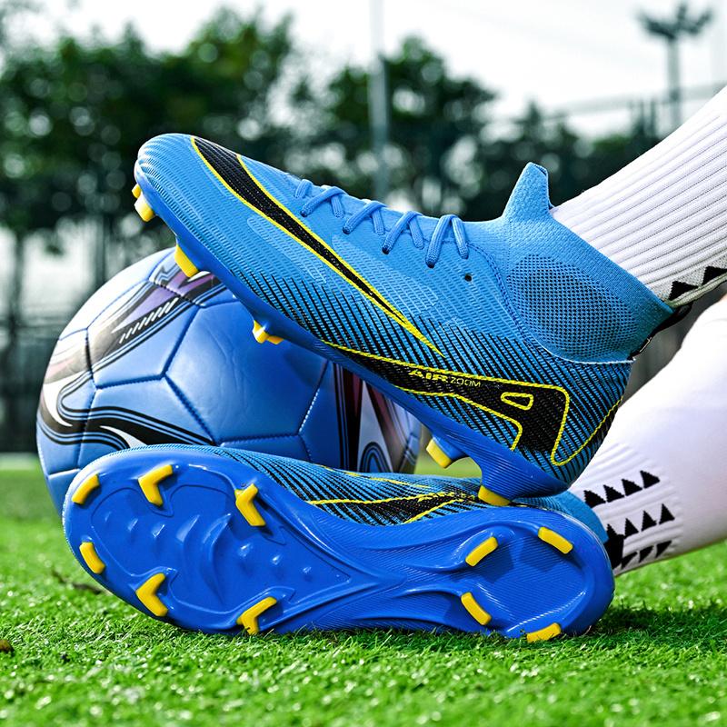 Brand Fashion Blue Football Training Shoes Men Women Long Spikes Professional Soccer Cleats Men Breathable Socks Futsal Boots