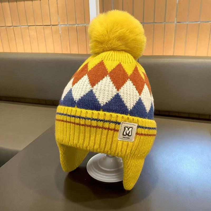 Winter Children's Warm Hats Autumn and Winter Boys and Girls Rhombus Windproof Ear Hats Baby Knitted Thickened Wool Hats