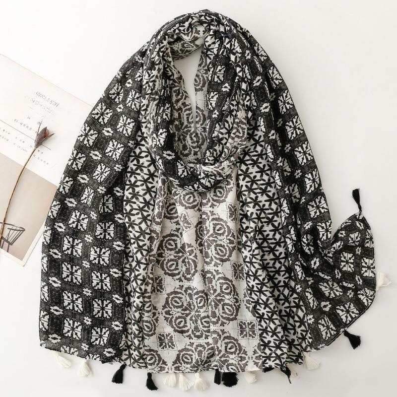Spring and Summer Cotton and Linen Scarf with Celebrity Style Geometric Style Tassel Scarf Warm Shawl