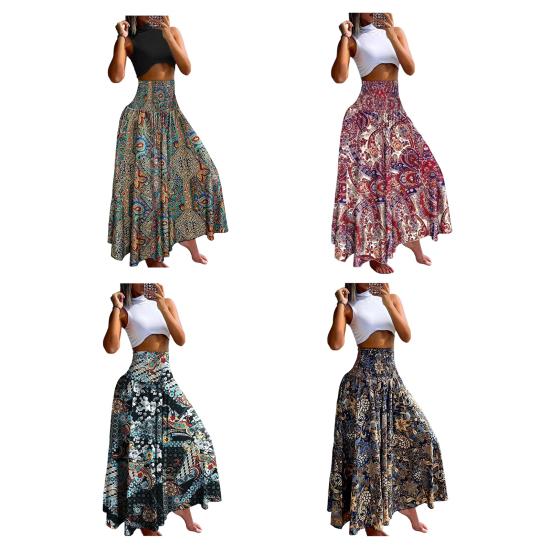 Women Maxi Skirt High Waist Wide Elastic Waist A-Line Retro Printed Skirt Summer Loose Fit Long Skirt Streetwear