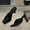 Liyke High Quality Cozy Silk Wide Square Toe Women Slippers Sandals Strange Heels Mules Slides Summer Party Dress Shoes Brown