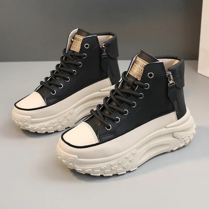 2025 Autumn Chunky High-top WOMEN'S Sneakers Leather Breathable Platform Vulcanized Shoes Women's Casualot Shoes Fashion