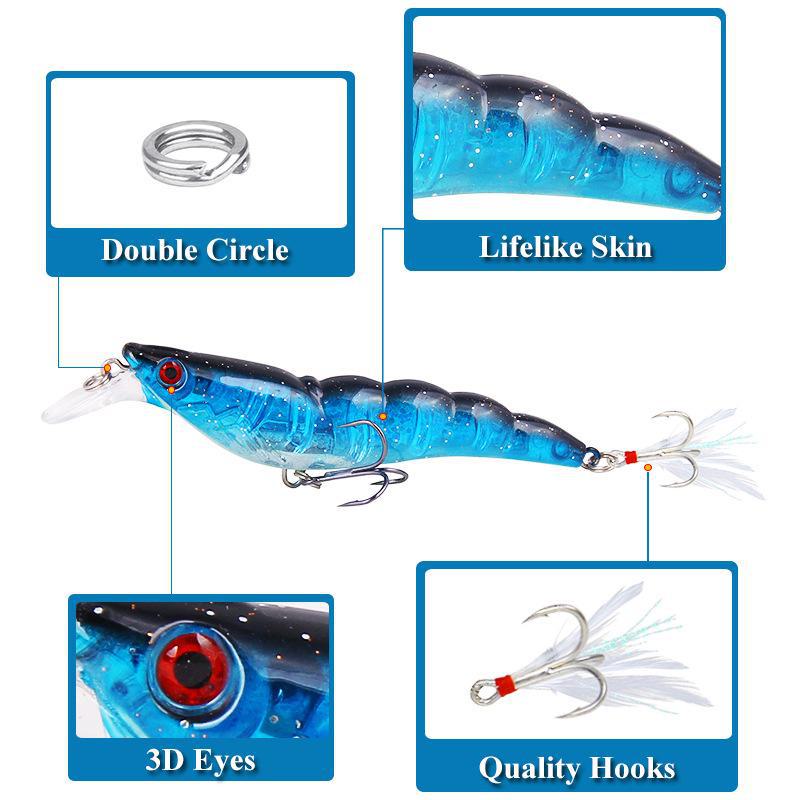 Set of 20 Full Attack Sinking Shrimp Lures, 13.6g/9.5cm, with Blood Groove and Feather Hook.