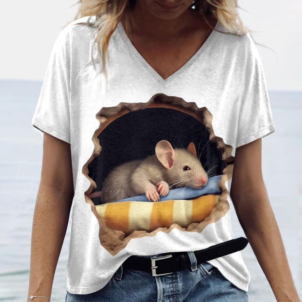 Playful Animals Printed Women's T Shirt Summer Casual Short Sleeve T-Shirts Kawaii 3d V-Neck Tops Tees Women's Oversize Pullover