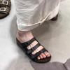 Soft Leather Version~ Retro Belt Buckle One-word Slippers Women's Flat Bottom Versatile Lazy People Wear Black Beach Shoes with One Pedal