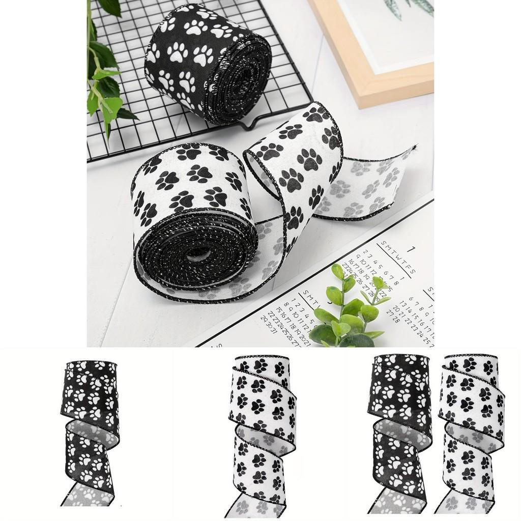 Highquality Satin White Ribbon Adorned With Black Paw Prints Ideal For Creative Crafts Petthemed