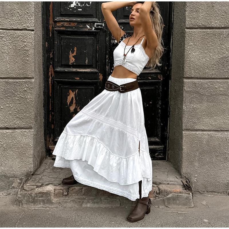 Summer Lace White Cotton and Linen Women's Suit Holiday Beach Suspender Square Neck Short Top + Mid Skirt Two-piece Set