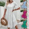Summer Women Dress Hollow Out Short Horn Sleeves Dress A-line Pleated Patchwork Big Swing Embroidery Vacation Beach Midi Dress