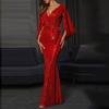 Spring Summer New Sexy High-end Dress European American Style Split Solid Color Sequin Long Mop Evening Dress