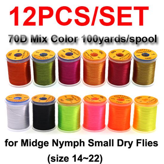 Bimoo 12pcs /set 70D Fly Tying Thread for Size 14~22 Midge Nymph Small Dry Flies Fly Fishing Lure Making Material 12 Mix Colors