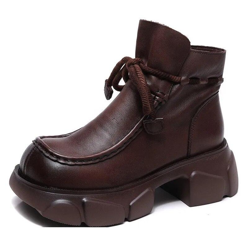 Johnature Retro Genuine Leather Platform Short Boots Women Shoes Thick Soled Square Toe Boots