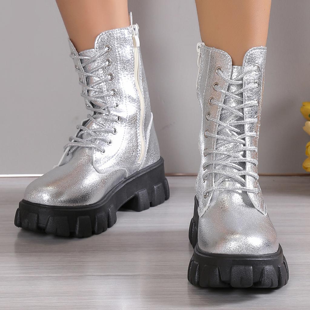 Fashion Winter Silver Crystal Thick Sole Ankle Boots Women's Thick Sole Motorcycle Boots Women's Luxury Rhinestone Punk Shoes Size 35-43
