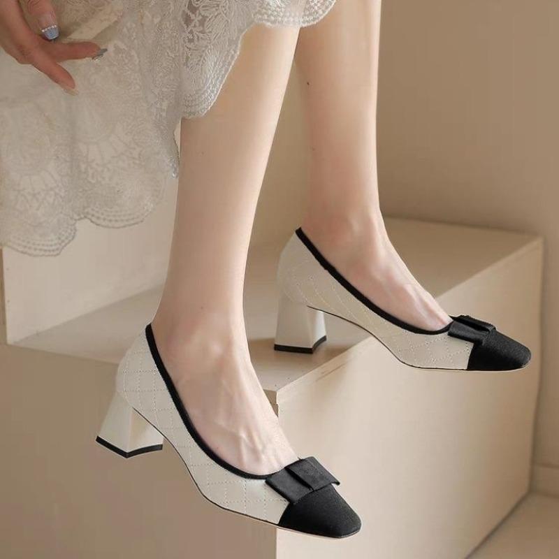 Fashion Woman Pumps Color Spelling Square Toe with Medium Heels Bow Shoes for Women Discount Vacation Stylish On Offer Fashion Young 39