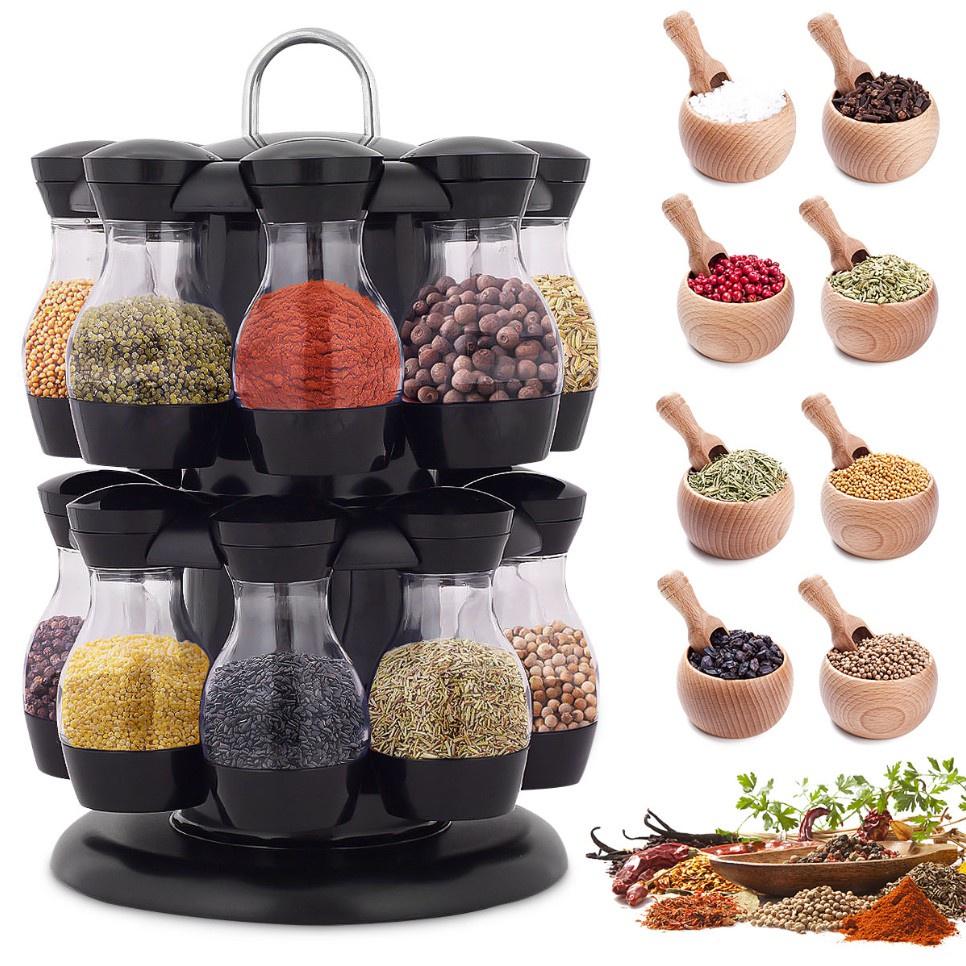 16Pcs Condiment Sets 360 Rotating Spice Jar Rack Kitchen Cruet Condiment Bottle Coffee Sugar Seal Jar Container Castor