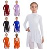 Girls Lyrical Dance Dress Mock Neck Long Sleeve Cutout Back Side Split Sheer Mesh Ruched Leotards