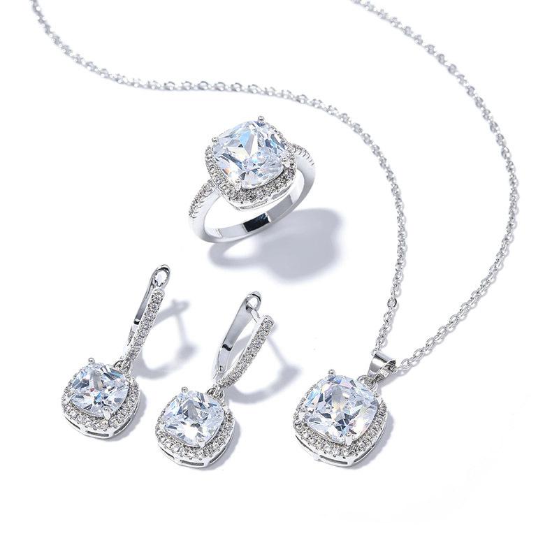 Square Zircon Ring Simple Fashion High Sense Personalized Earrings Necklace Set