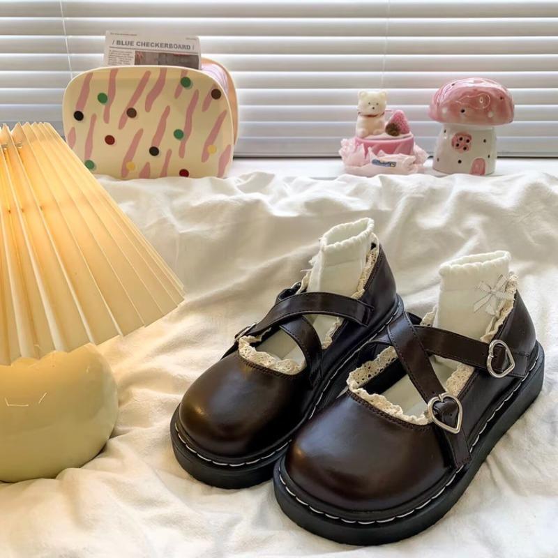 College Style Platform Women's Spring New Cross Love Buckle Single Shoes Student Round Head Small Leather Shoes