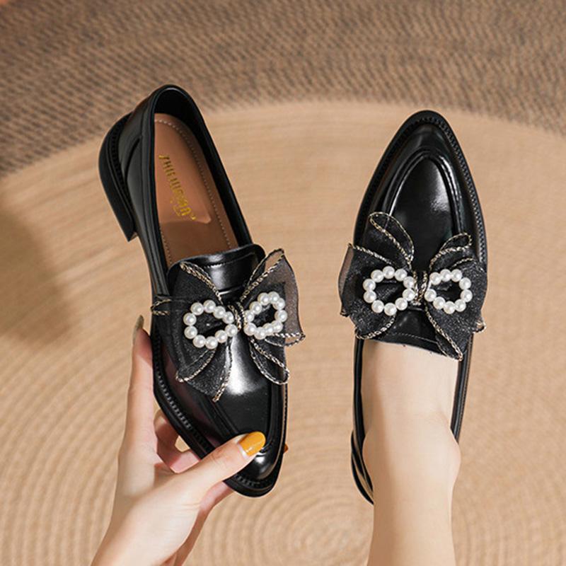 Brand Lace Bowtie Oxford Shoes Big Size 41/42 Women Leather Flat Shoes Pointed Toe Pearl Sneakers Woman Thick Heels Loafers