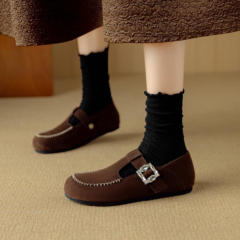 Fashion 2025 New Spring Cow Suede Leather Woman Shoes Round Toe Women Flats Shoes for Women Flat Heel Loafers Sheepskin Leather Shoes