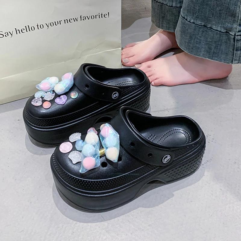Fashion Colorful Bowknot Chunky Platform Garden Shoes Women Hollow Out Thick Bottom Clogs Sandals Woman Non Slip Summer Beach Slippers
