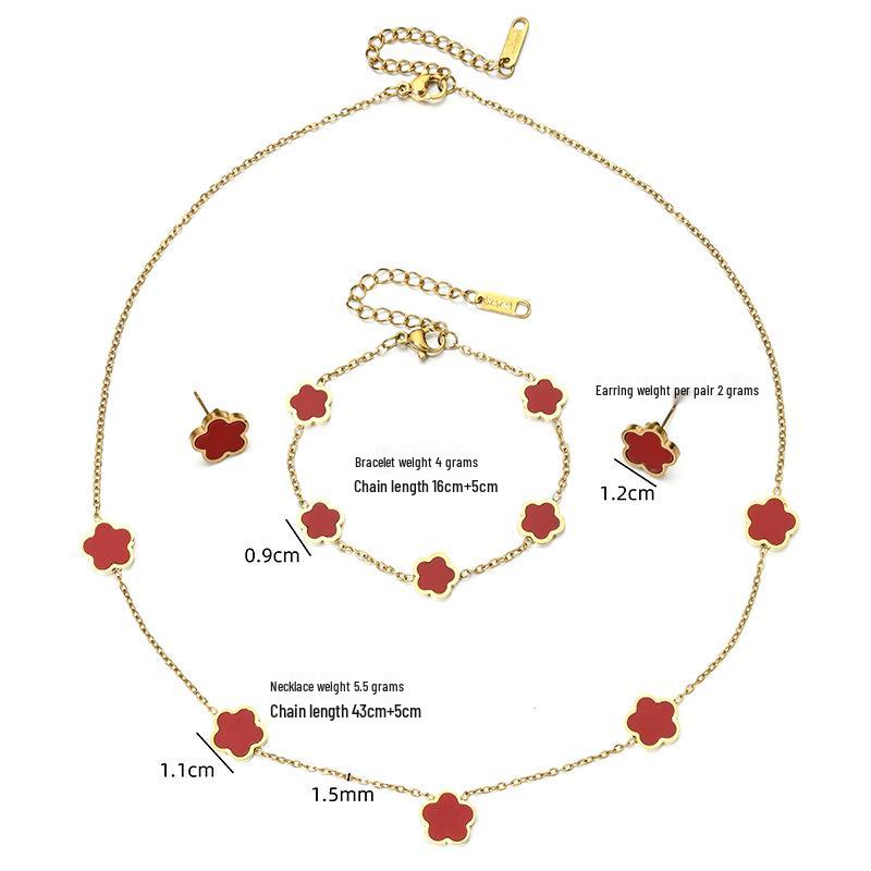 INS-Inspired Stainless Steel Four-Leaf Clover Jewelry Set: Bracelet, Stud Earrings, and Necklace for Women