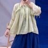 Vintage Linen Loose Womens Tops Blouses Autumn Linen O-neck Full Sleeve Solid Color Tie Ruffles Shirts